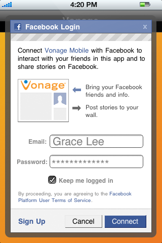 Vonage Mobile for Facebook - iPhone and iPod touch free app screenshot 1