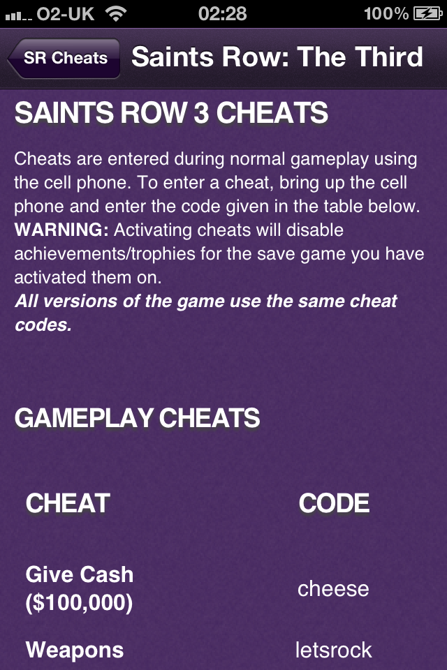 saints row cheats