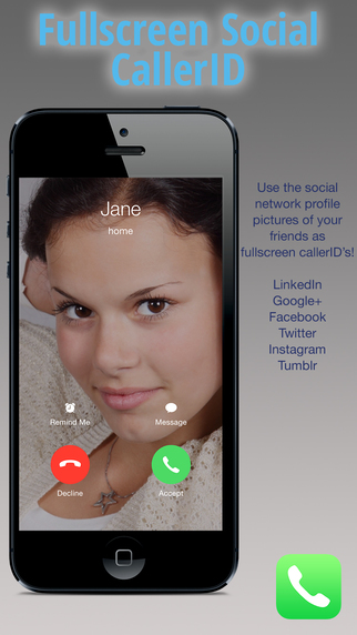 Fullscreen Social CallerID for LinkedIn Instagram Facebook Twitter Tumblr and Google+