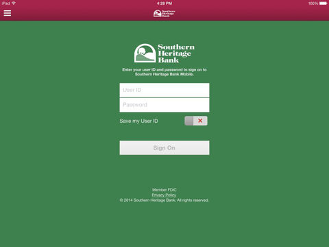 Southern Heritage Bank Mobile for iPad