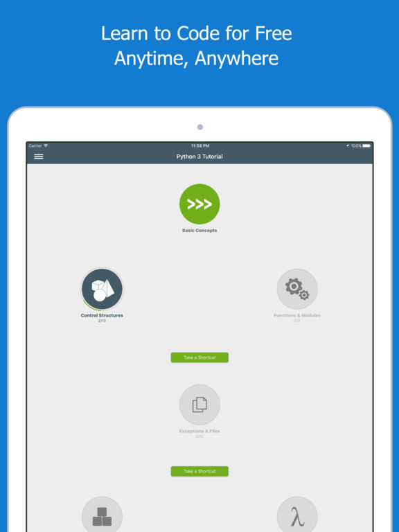 Screenshots of Learn Python for iPad