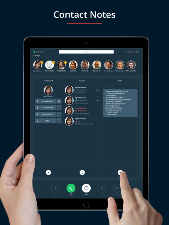 Screenshots of call.center softphone for iPad