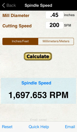 Milling Machining calculator: Spindle Cutting Speed Chip Load per Tooth Feed Revolution Rate Materia