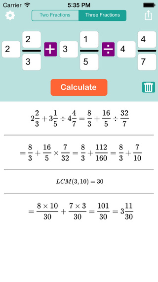Fraction calculator for arithmetic operations: addition subtraction multiplication and division
