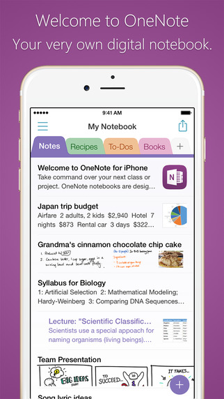 Microsoft OneNote for iPhone – notes lists and photos organized in a notebook