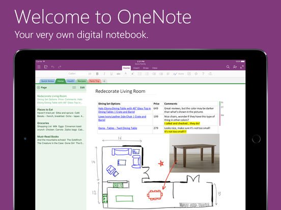 Screenshots of Microsoft OneNote for iPad